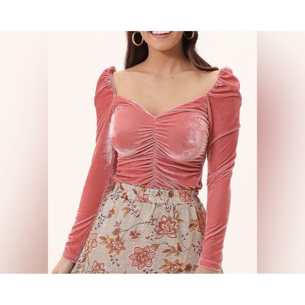 MINKPINK Ruched Pink Velvet Stretch Puff Sleeve Top Blouse - Picture 2 of 13